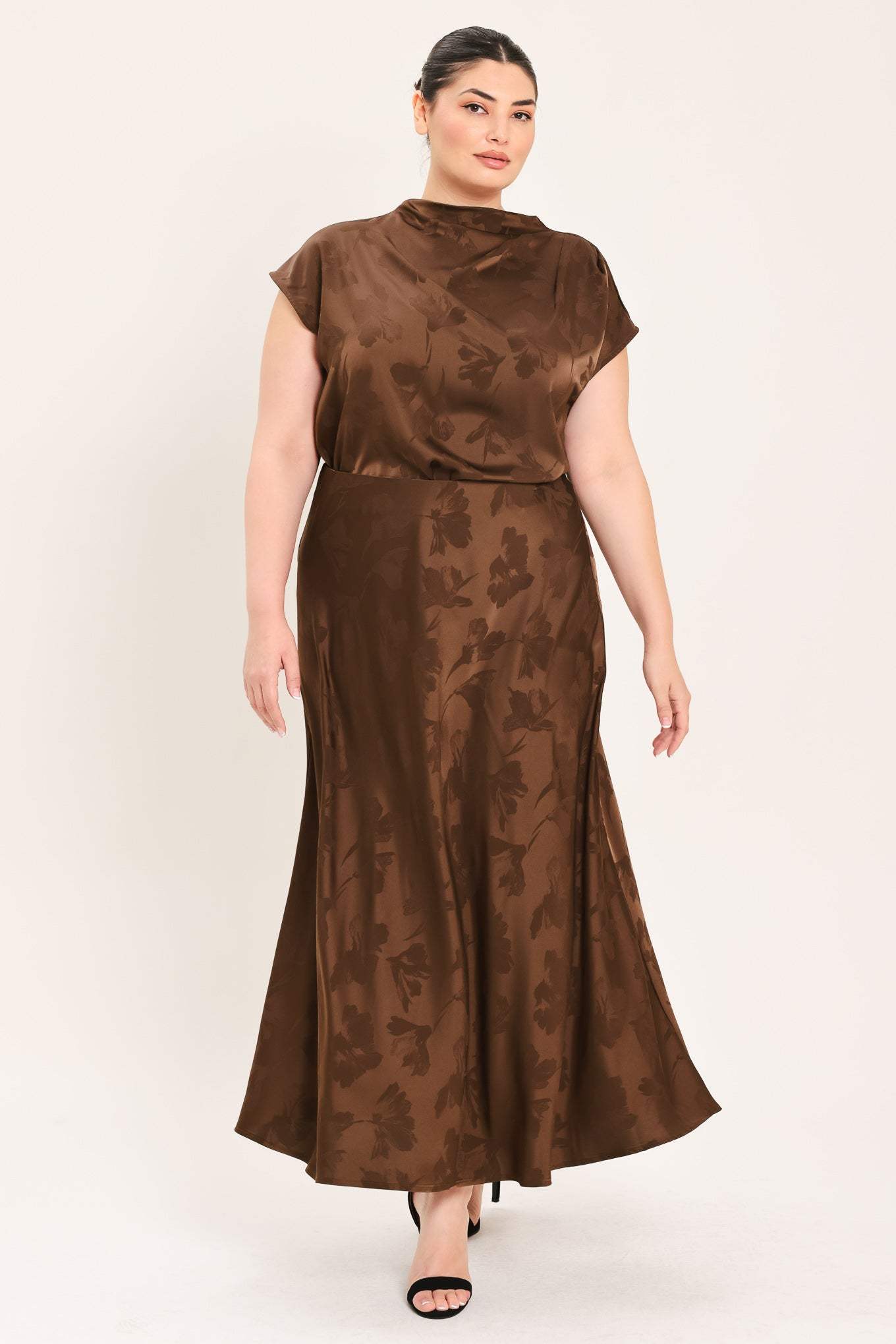 CHOCOLATE FLORAL WOVEN JACQUARD MIDI SKIRT - Flying Tomato - Flyclothing LLC