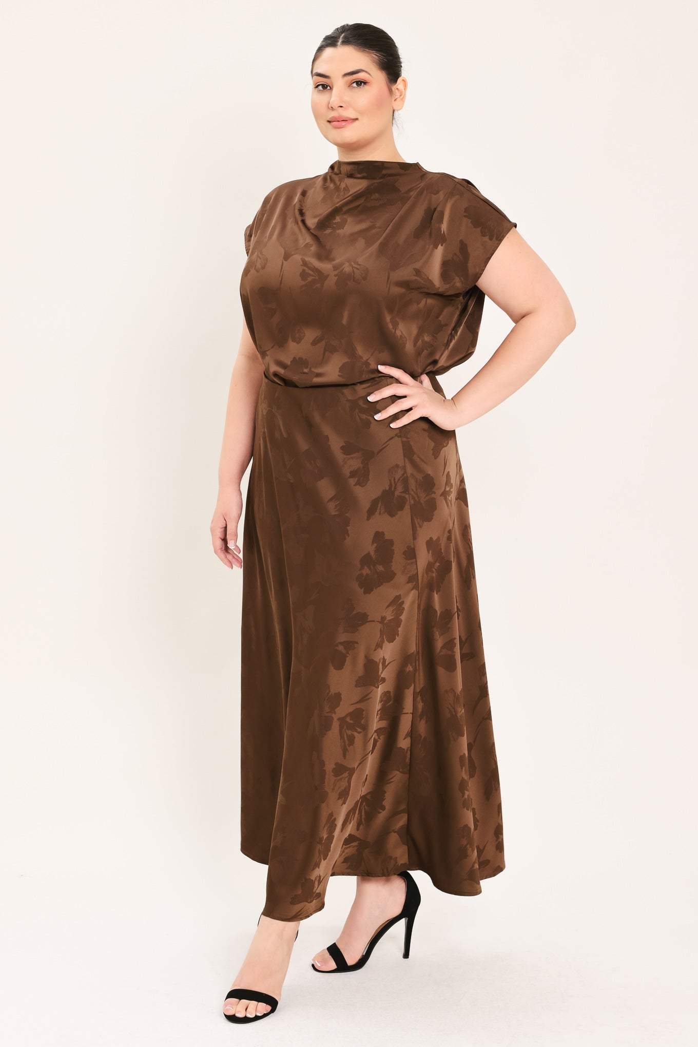 CHOCOLATE FLORAL WOVEN JACQUARD MIDI SKIRT - Flying Tomato - Flyclothing LLC