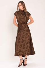 CHOCOLATE FLORAL WOVEN JACQUARD MIDI SKIRT