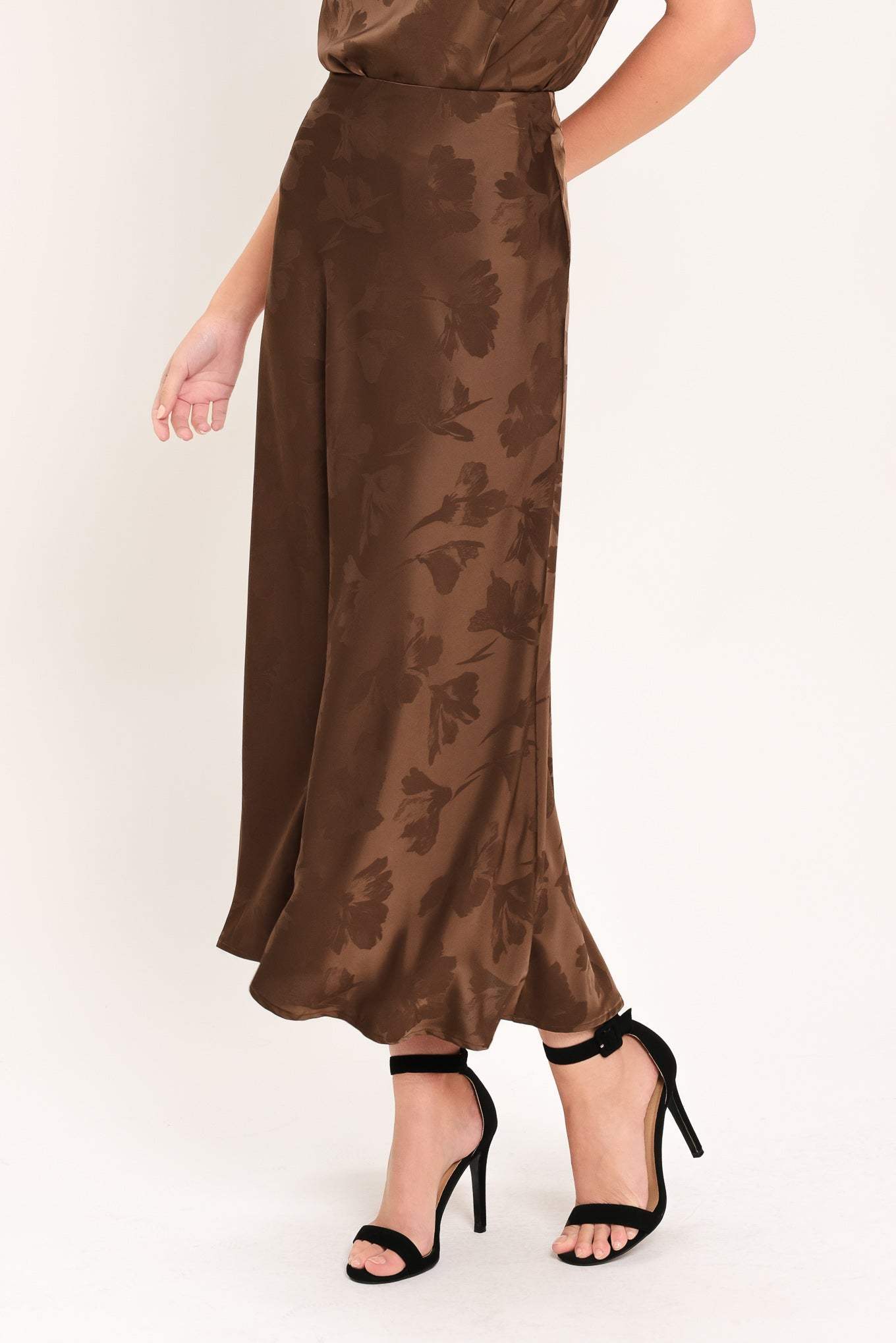 CHOCOLATE FLORAL WOVEN JACQUARD MIDI SKIRT