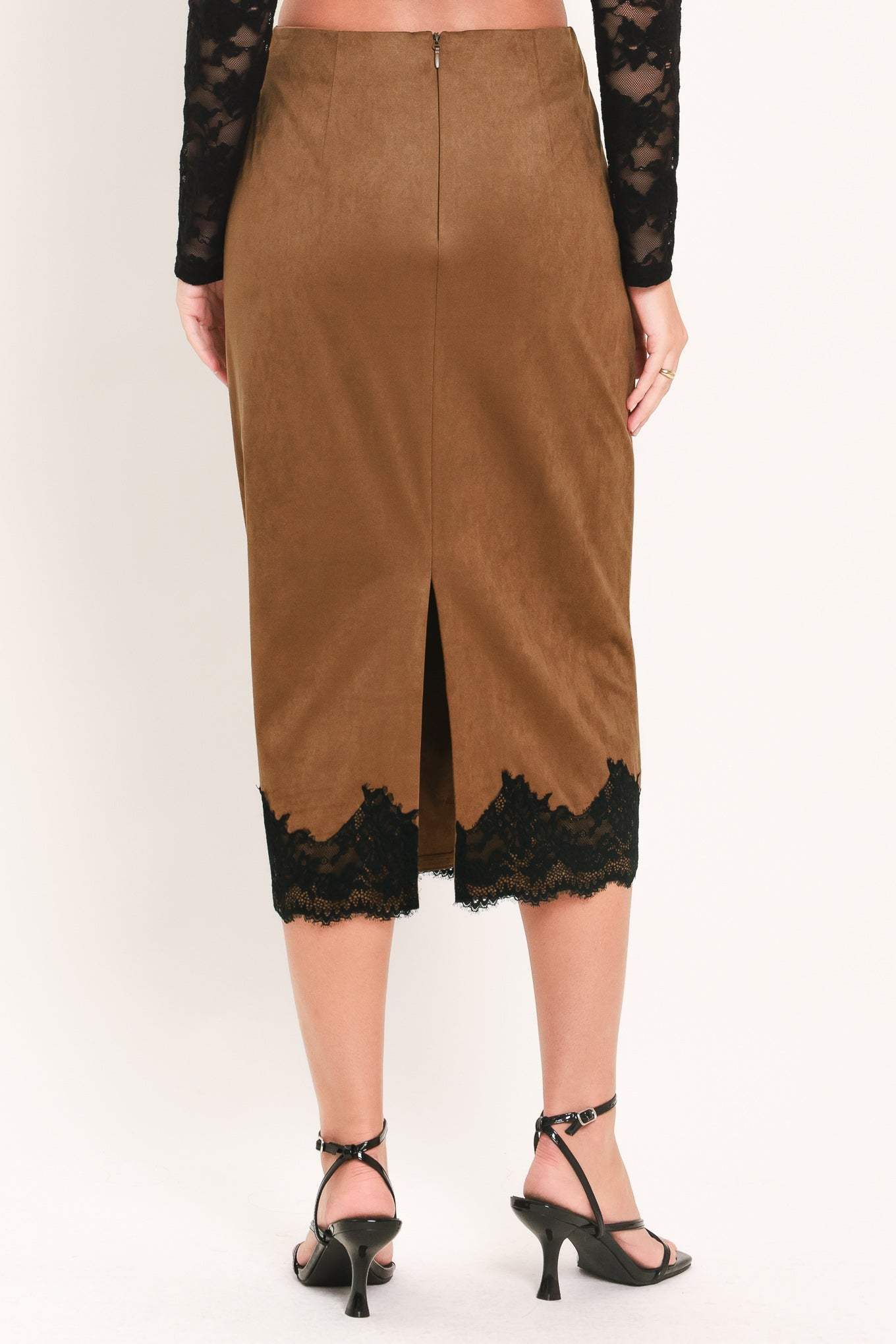 UMBER LACE AFTERGLOW FAUX SUEDE STRAIGHT SKIRT