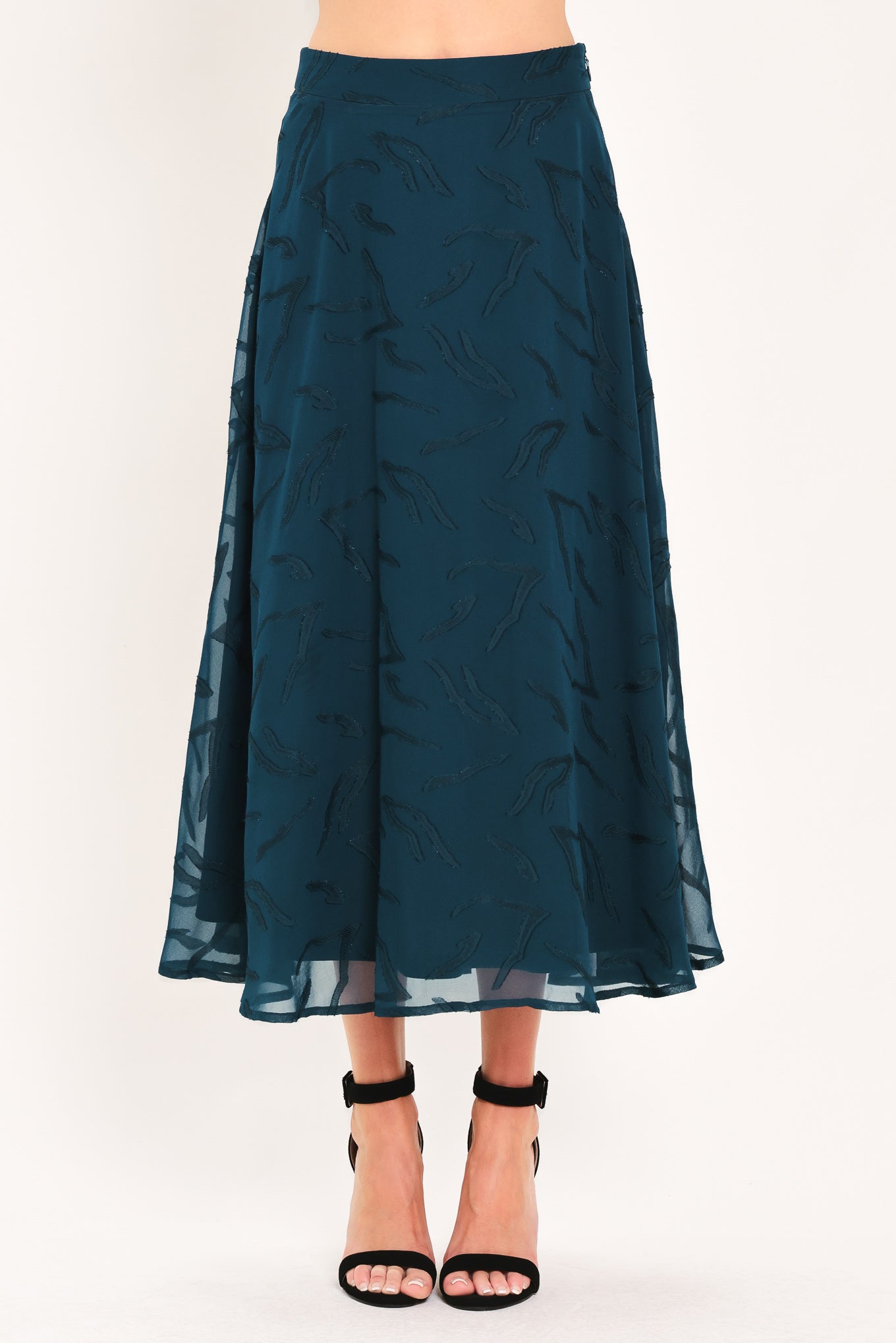 TEAL SHADOW SWAY WOVEN JACQUARD CIRCLE MIDI SKIRT