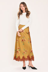COUNTRYSIDE CHARM CAMEL PRINTED LACE-HEM MIDI SKIRT