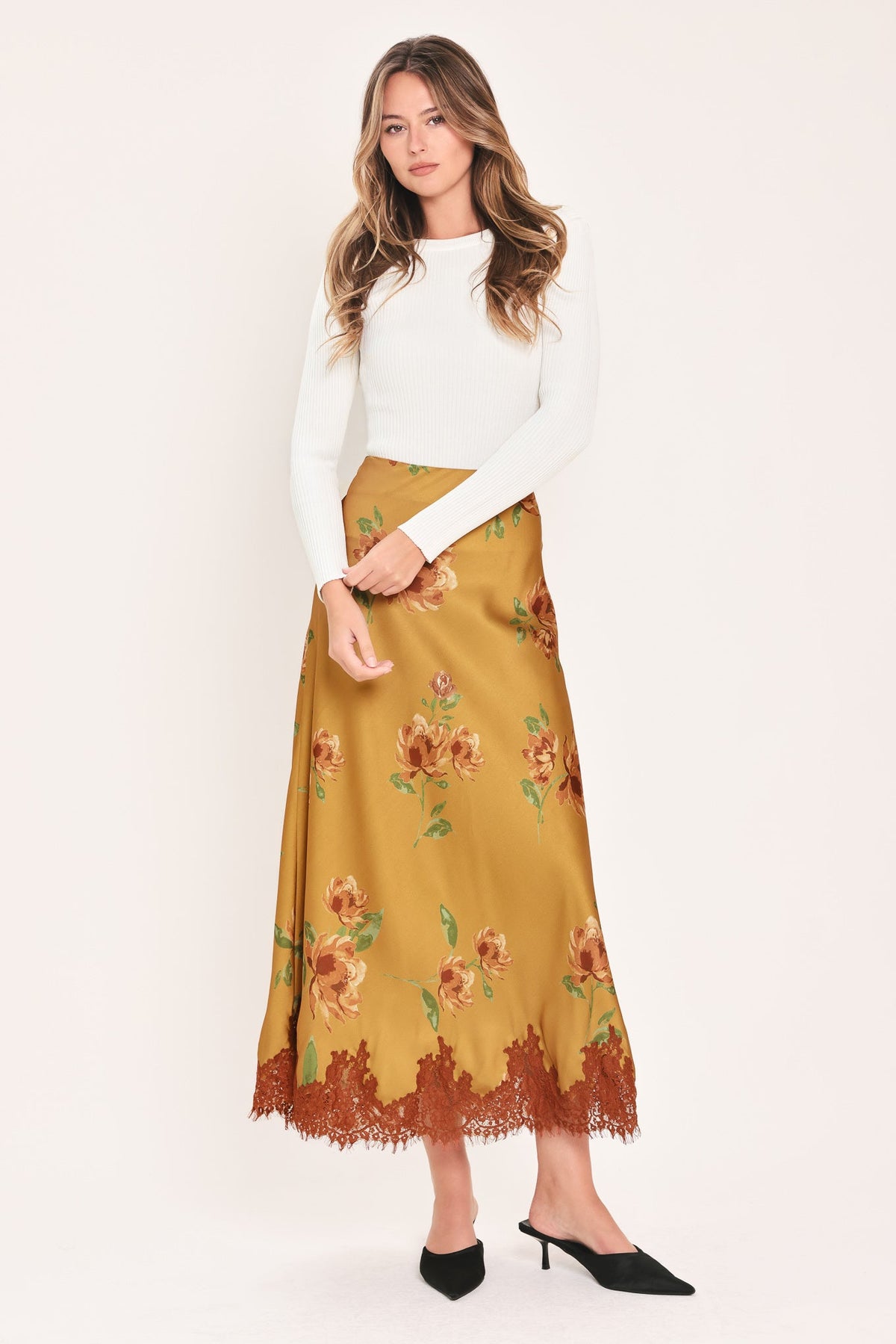COUNTRYSIDE CHARM CAMEL PRINTED LACE-HEM MIDI SKIRT - Flying Tomato - Flyclothing LLC