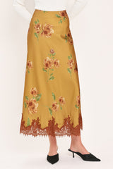 COUNTRYSIDE CHARM CAMEL PRINTED LACE-HEM MIDI SKIRT - Flying Tomato - Flyclothing LLC
