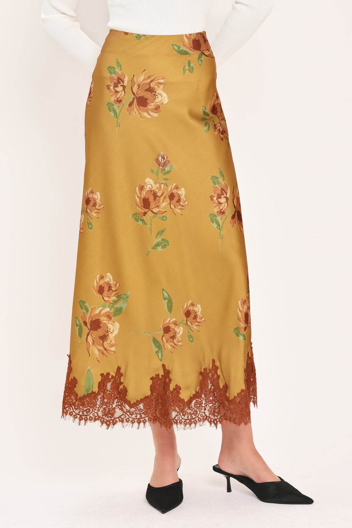 COUNTRYSIDE CHARM CAMEL PRINTED LACE-HEM MIDI SKIRT - Flying Tomato - Flyclothing LLC