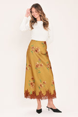 COUNTRYSIDE CHARM CAMEL PRINTED LACE-HEM MIDI SKIRT - Flying Tomato - Flyclothing LLC