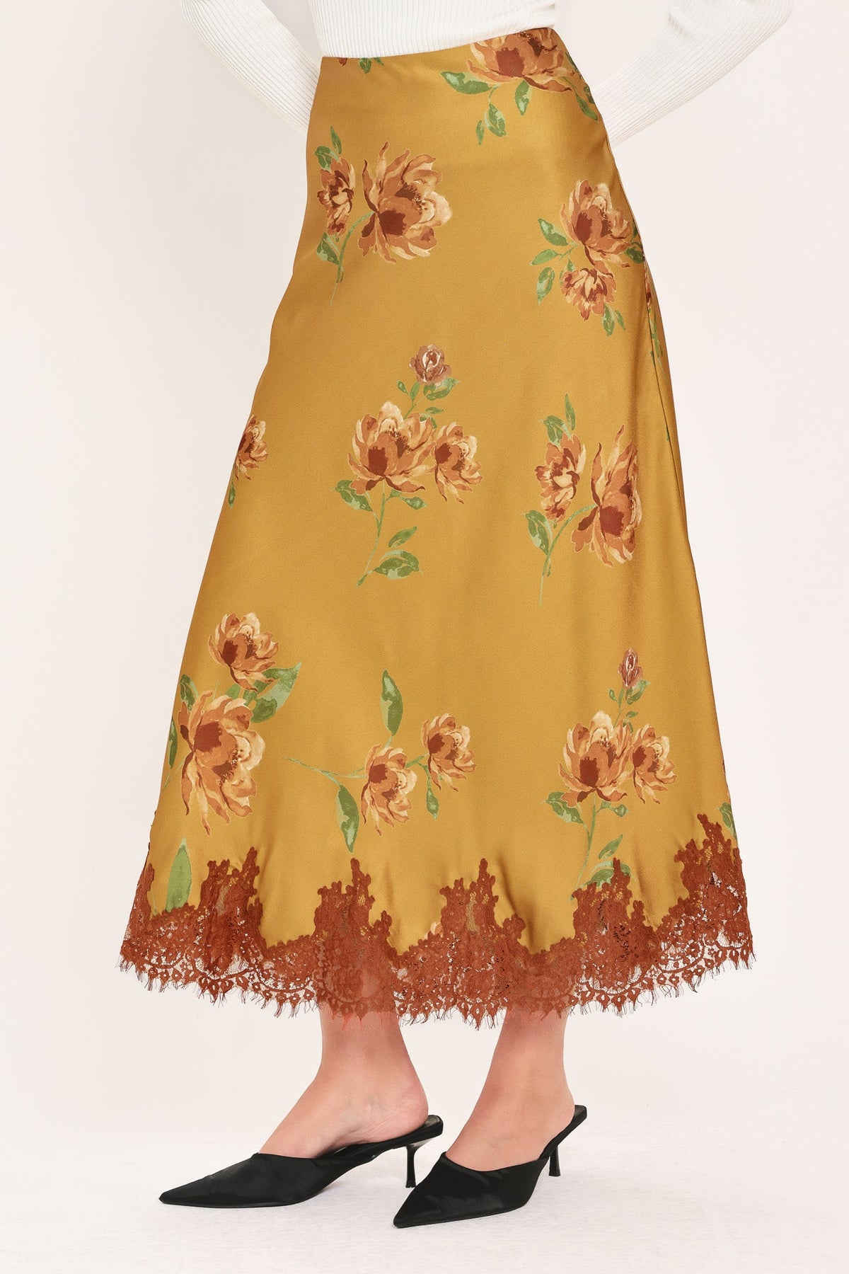 COUNTRYSIDE CHARM CAMEL PRINTED LACE-HEM MIDI SKIRT - Flying Tomato - Flyclothing LLC