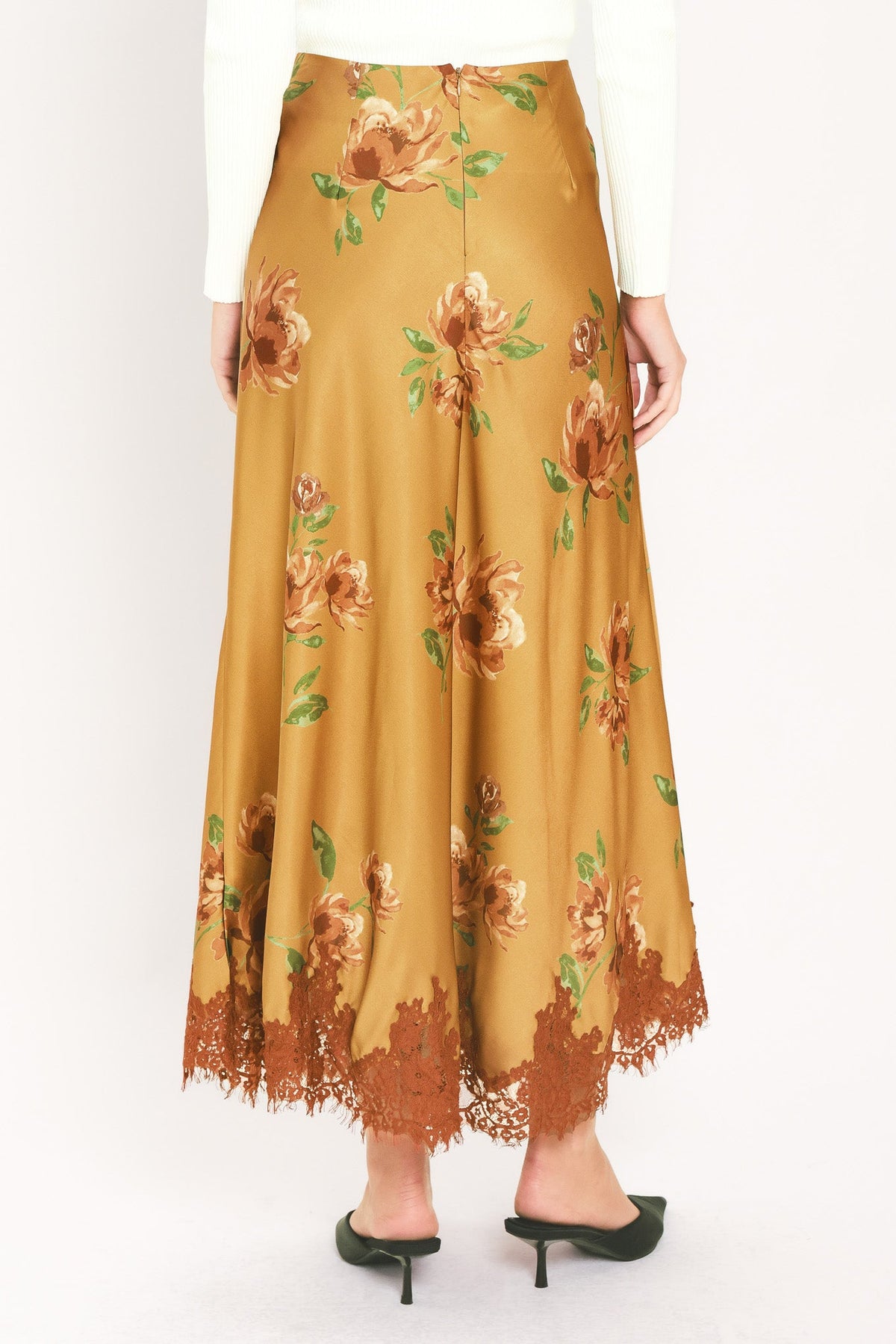 COUNTRYSIDE CHARM CAMEL PRINTED LACE-HEM MIDI SKIRT - Flying Tomato - Flyclothing LLC