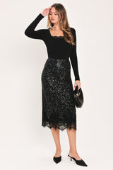BRONZE LUSTER BRONZE/BLACK SEQUIN LACE-HEM MIDI SKIRT - Flying Tomato - Flyclothing LLC