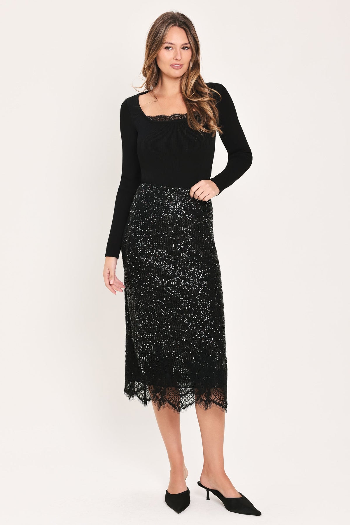 BRONZE LUSTER BRONZE/BLACK SEQUIN LACE-HEM MIDI SKIRT - Flying Tomato - Flyclothing LLC
