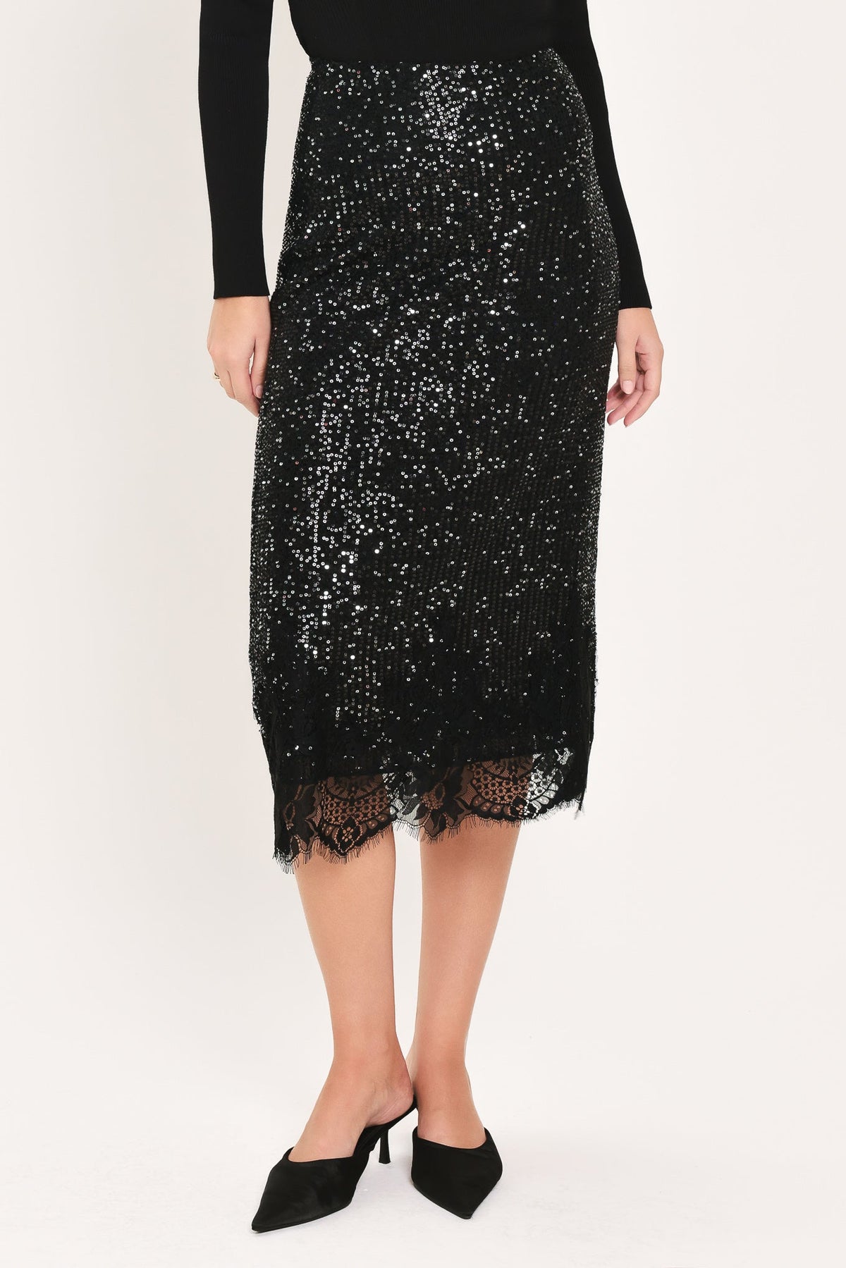 BRONZE LUSTER BRONZE/BLACK SEQUIN LACE-HEM MIDI SKIRT - Flying Tomato - Flyclothing LLC