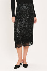 BRONZE LUSTER BRONZE/BLACK SEQUIN LACE-HEM MIDI SKIRT - Flying Tomato - Flyclothing LLC