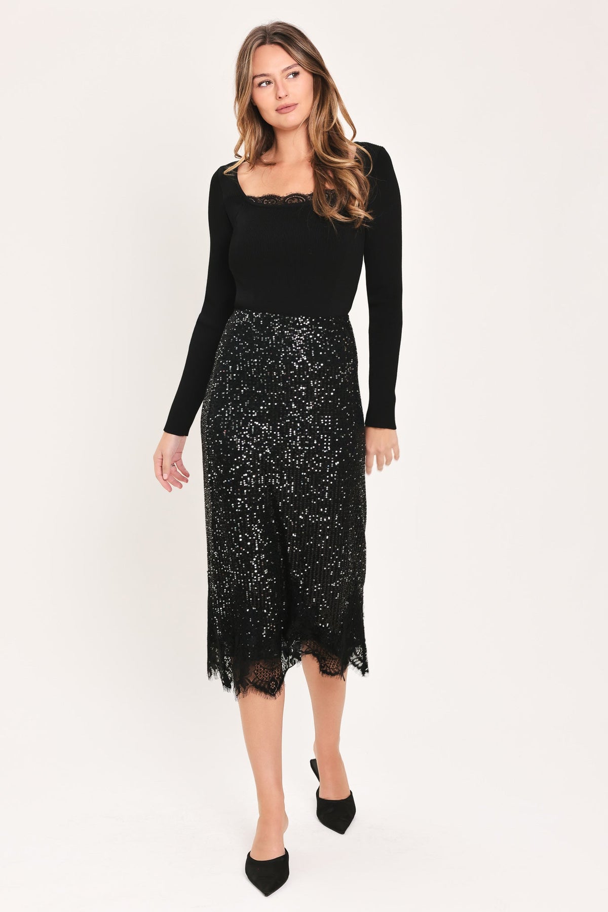 BRONZE LUSTER BRONZE/BLACK SEQUIN LACE-HEM MIDI SKIRT - Flying Tomato - Flyclothing LLC