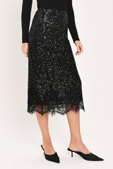 BRONZE LUSTER BRONZE/BLACK SEQUIN LACE-HEM MIDI SKIRT - Flying Tomato - Flyclothing LLC