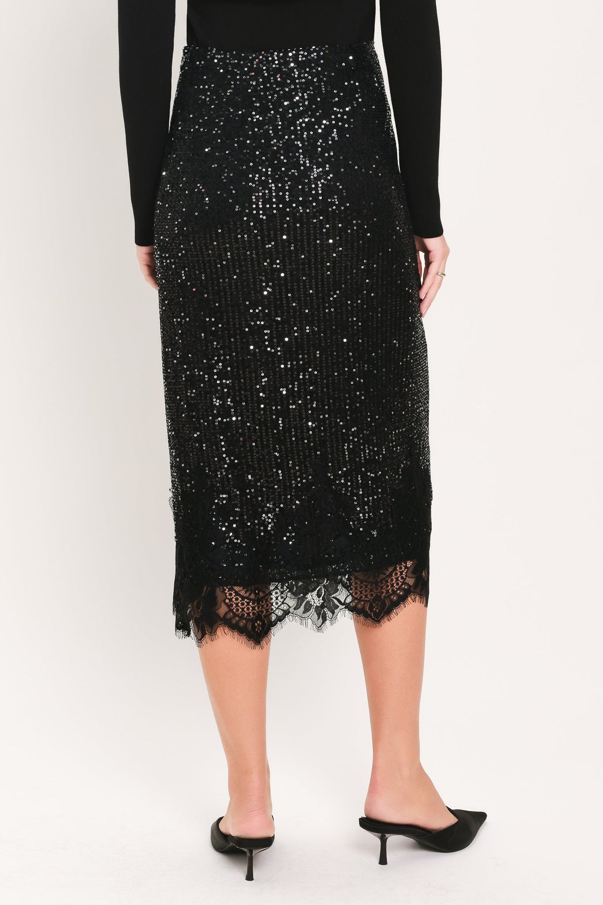 BRONZE LUSTER BRONZE/BLACK SEQUIN LACE-HEM MIDI SKIRT - Flying Tomato - Flyclothing LLC