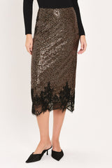 BRONZE LUSTER BRONZE/BLACK SEQUIN LACE-HEM MIDI SKIRT - Flying Tomato - Flyclothing LLC