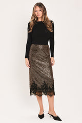 BRONZE LUSTER BRONZE/BLACK SEQUIN LACE-HEM MIDI SKIRT - Flying Tomato - Flyclothing LLC