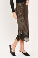 BRONZE LUSTER BRONZE/BLACK SEQUIN LACE-HEM MIDI SKIRT - Flying Tomato - Flyclothing LLC