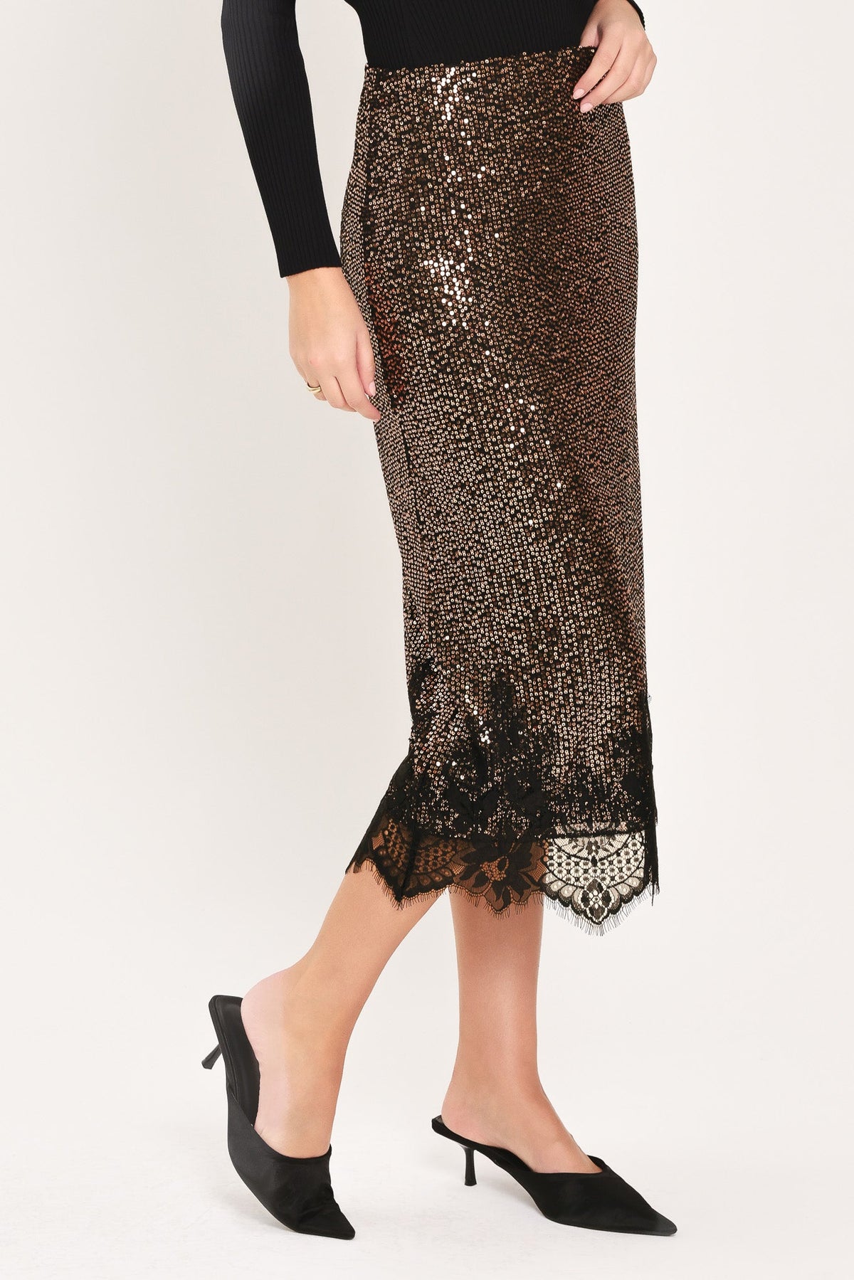 BRONZE LUSTER BRONZE/BLACK SEQUIN LACE-HEM MIDI SKIRT - Flying Tomato - Flyclothing LLC