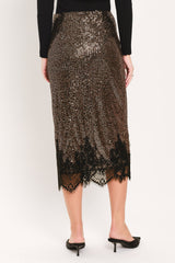 BRONZE LUSTER BRONZE/BLACK SEQUIN LACE-HEM MIDI SKIRT - Flying Tomato - Flyclothing LLC
