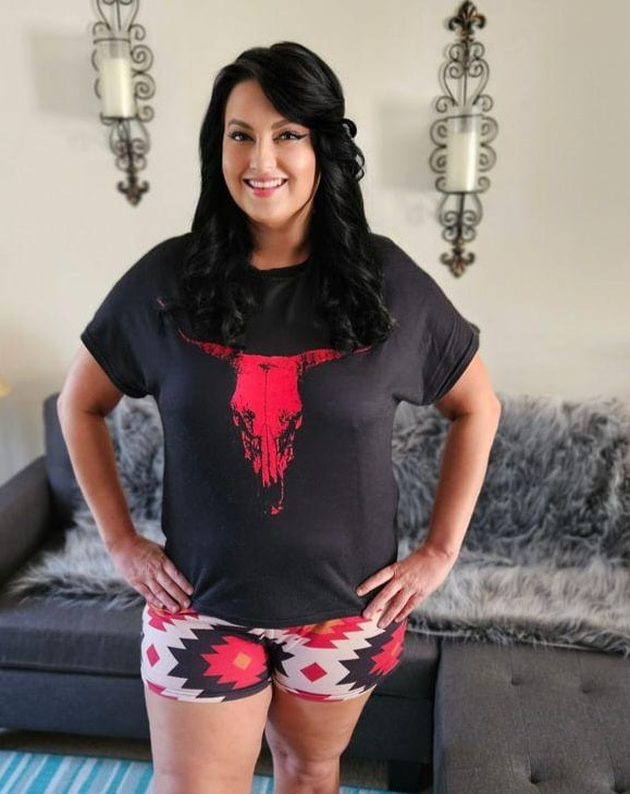 Baha Ranch Red Aztec Bull Women's Western Top and Short Pajama Set