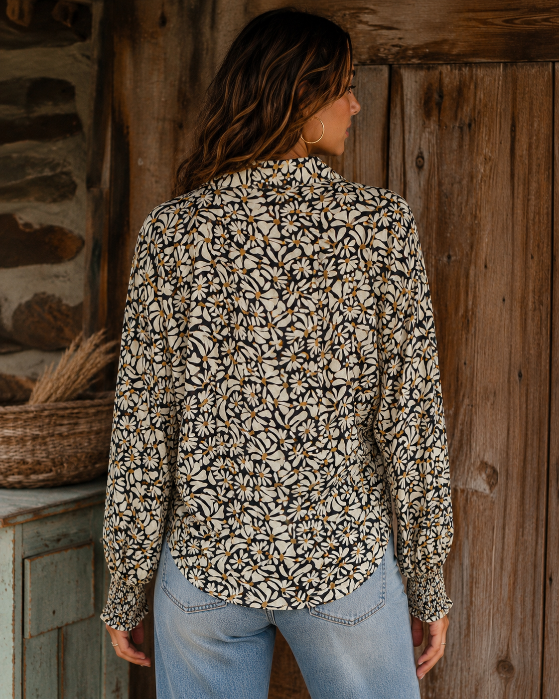 Honey Child Trippy Daisy Flower Button Up Mesh Blouse