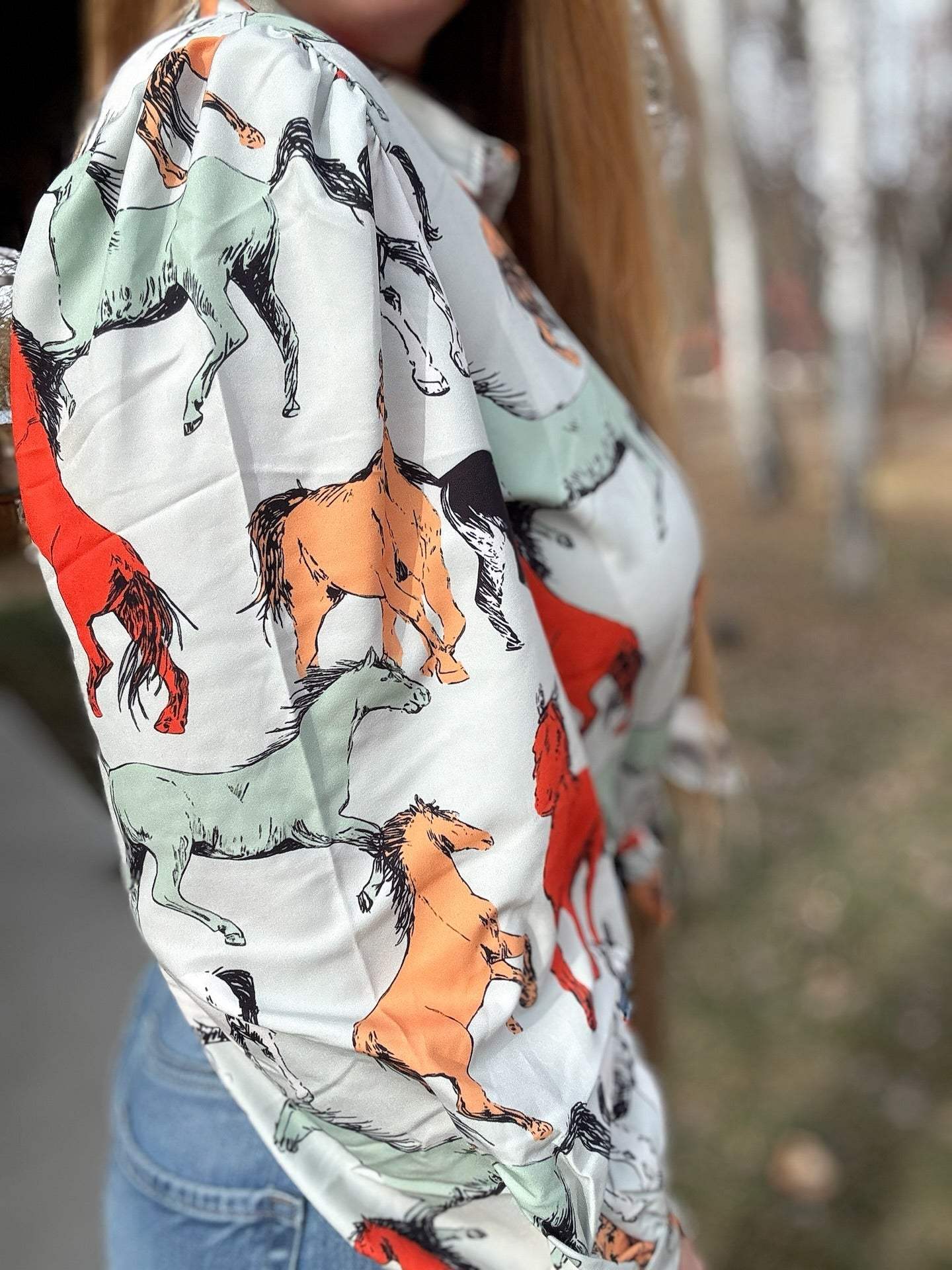 Off To The Races Horse Print Blouse - Mint - Lil Bee's Bohemian - Flyclothing LLC