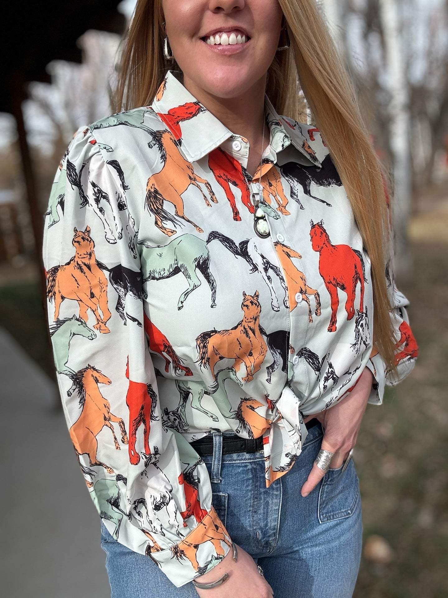 Off To The Races Horse Print Blouse - Mint - Lil Bee's Bohemian - Flyclothing LLC