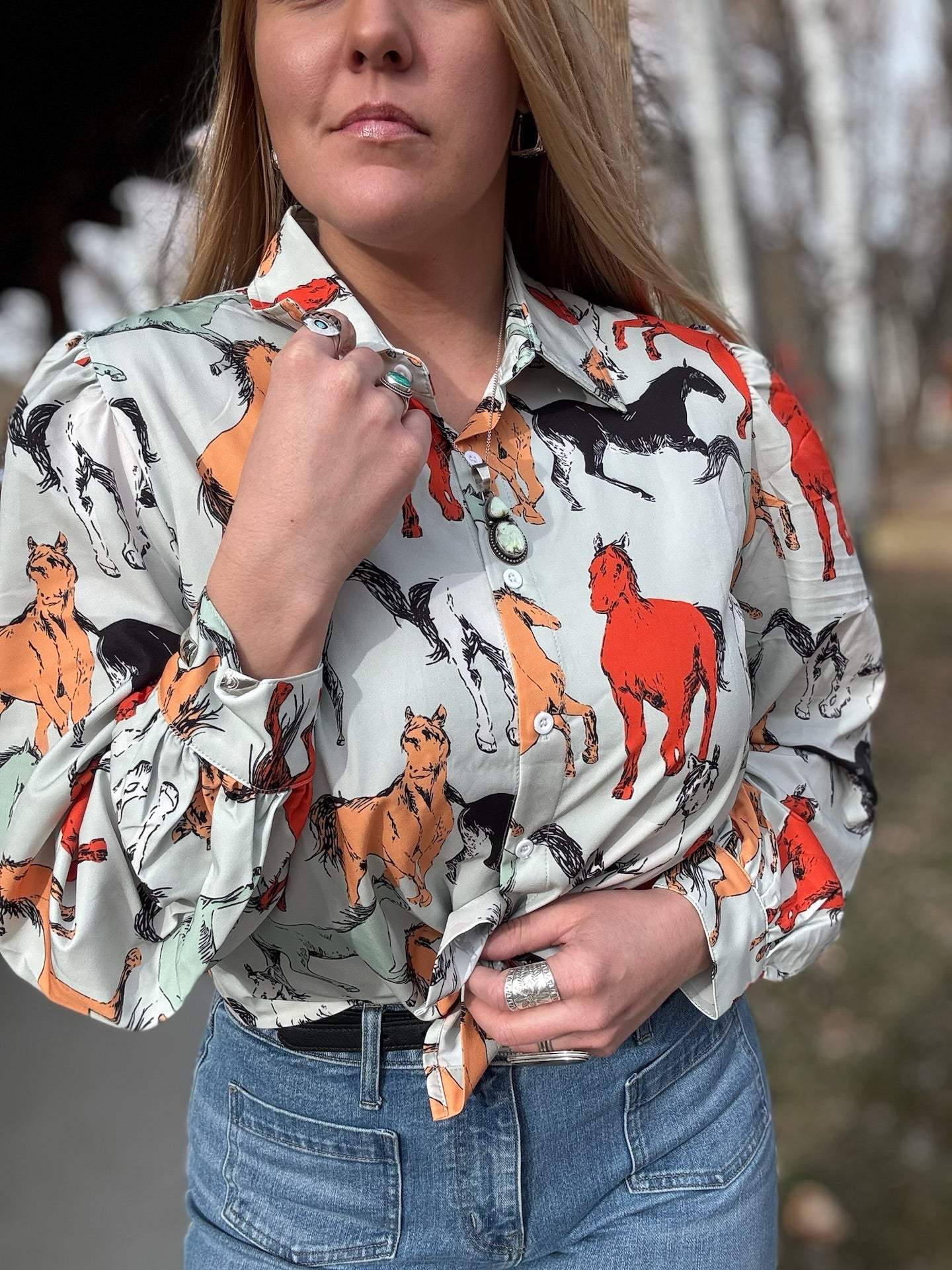 Off To The Races Horse Print Blouse - Mint - Lil Bee's Bohemian - Flyclothing LLC