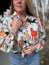 Off To The Races Horse Print Blouse - Mint - Lil Bee's Bohemian - Flyclothing LLC