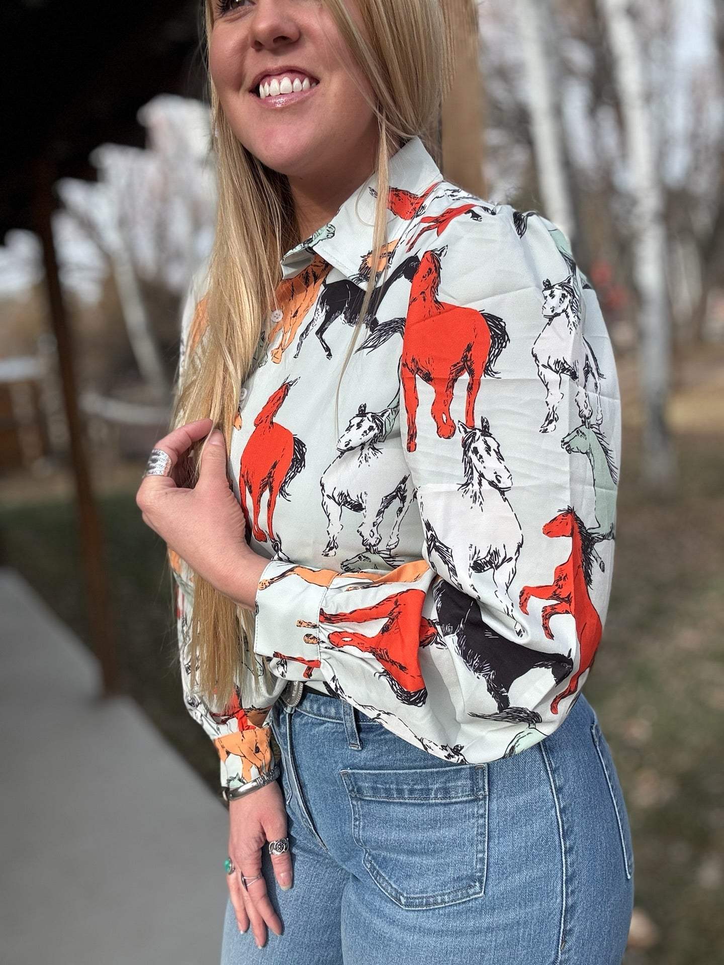 Off To The Races Horse Print Blouse - Mint - Lil Bee's Bohemian - Flyclothing LLC