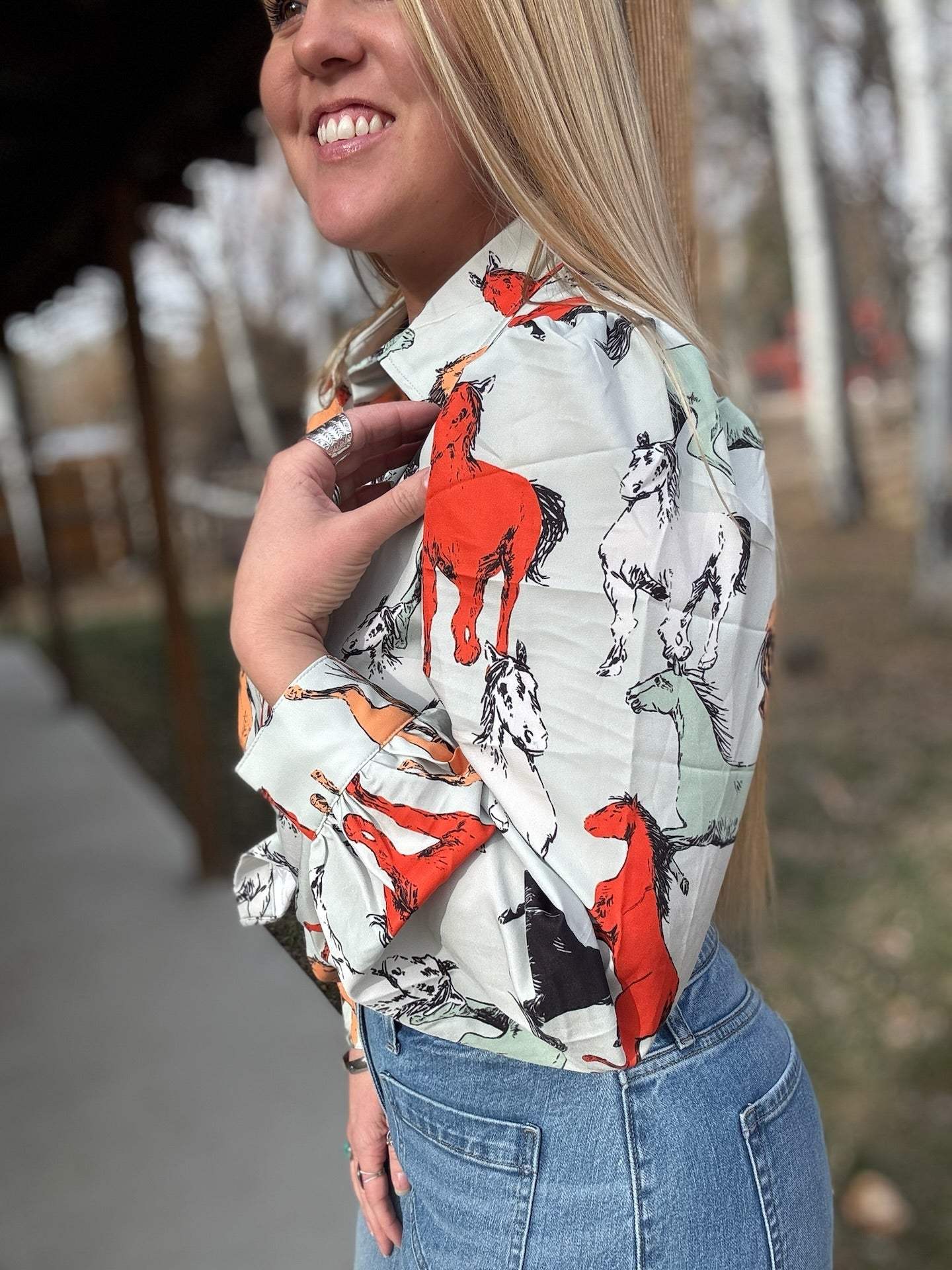 Off To The Races Horse Print Blouse - Mint - Lil Bee's Bohemian - Flyclothing LLC