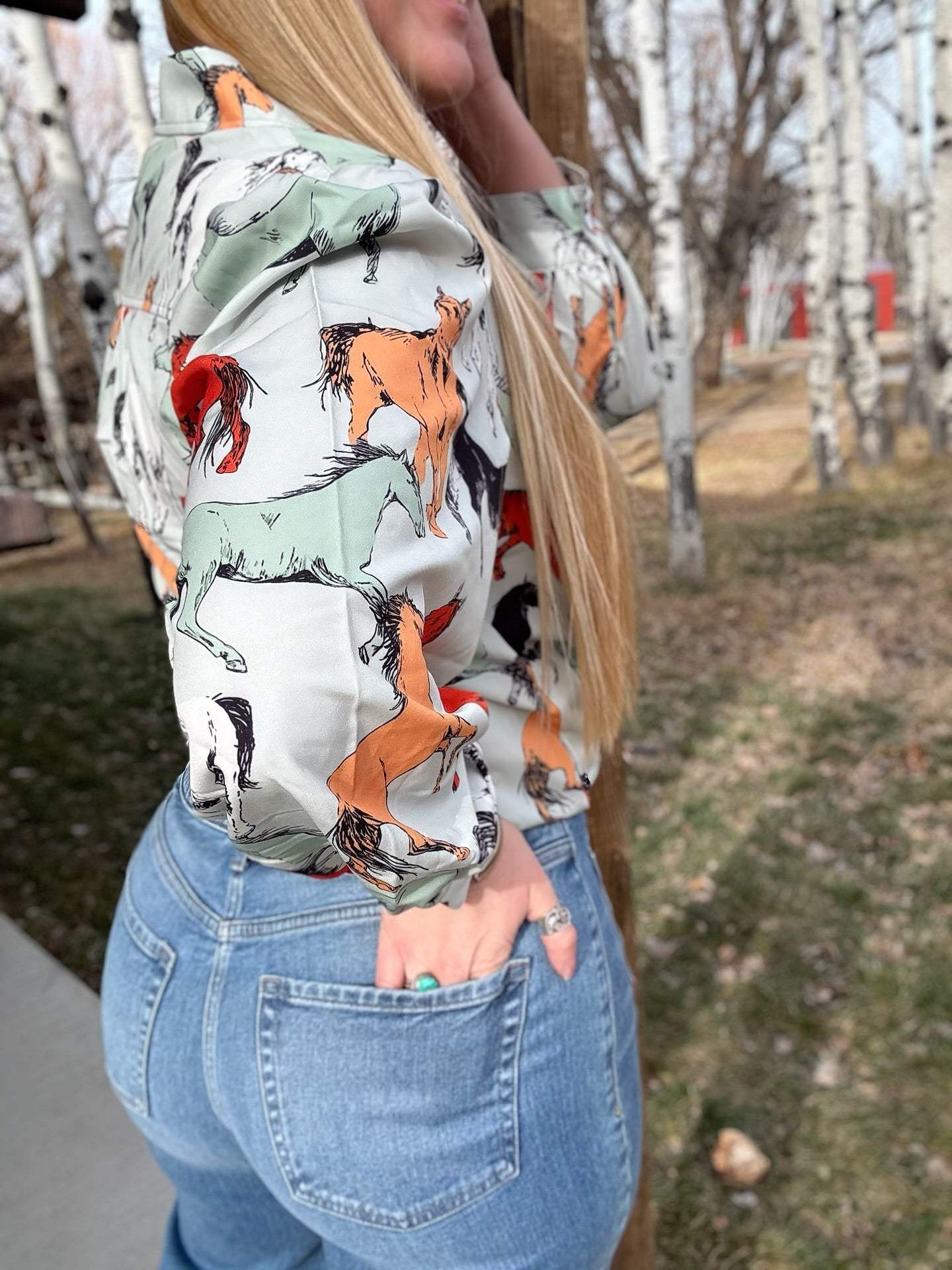 Off To The Races Horse Print Blouse - Mint - Lil Bee's Bohemian - Flyclothing LLC