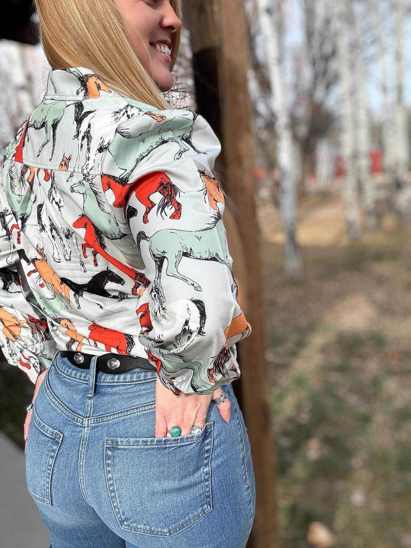 Off To The Races Horse Print Blouse - Mint - Lil Bee's Bohemian - Flyclothing LLC