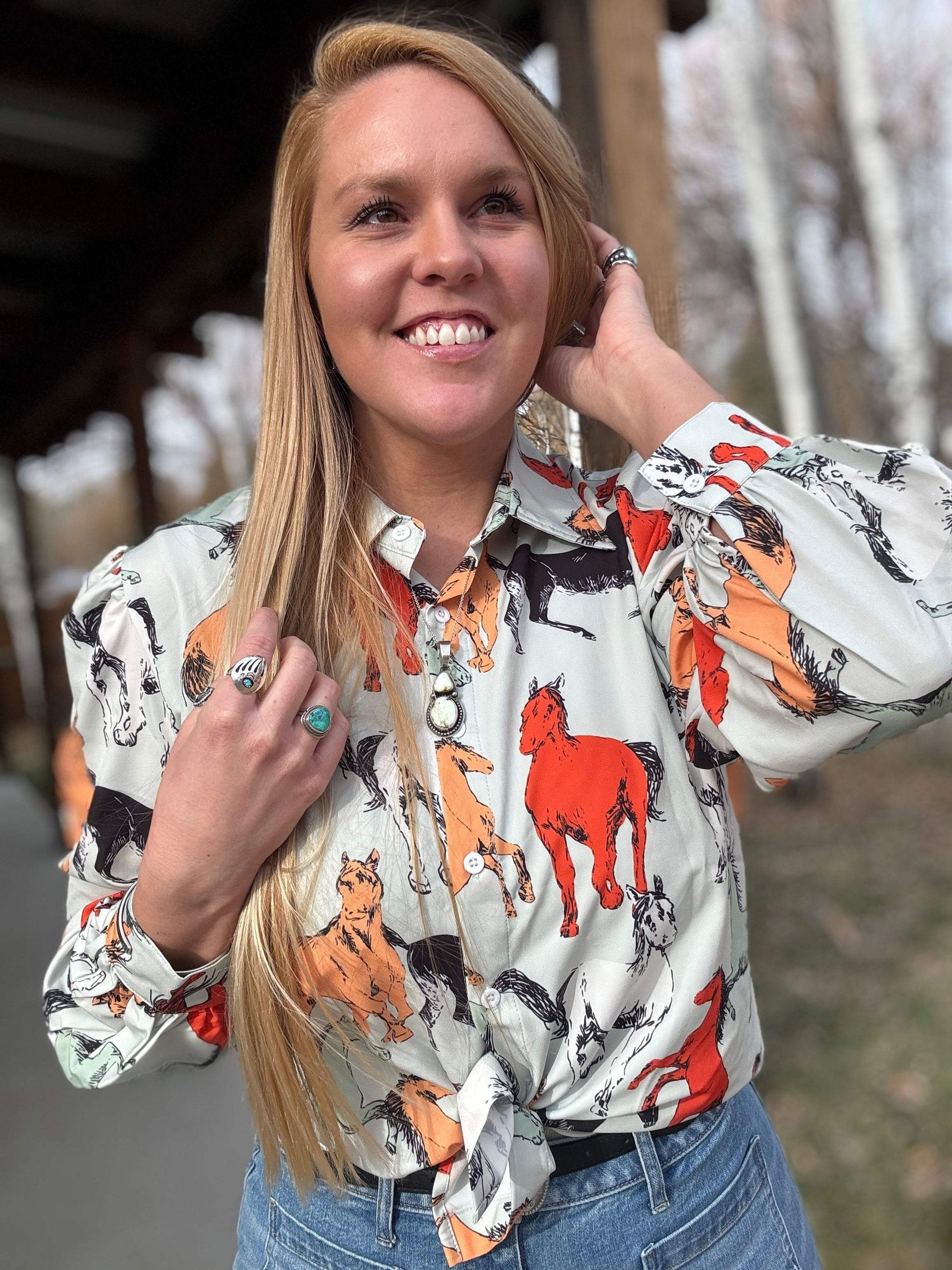 Off To The Races Horse Print Blouse - Mint - Lil Bee's Bohemian - Flyclothing LLC