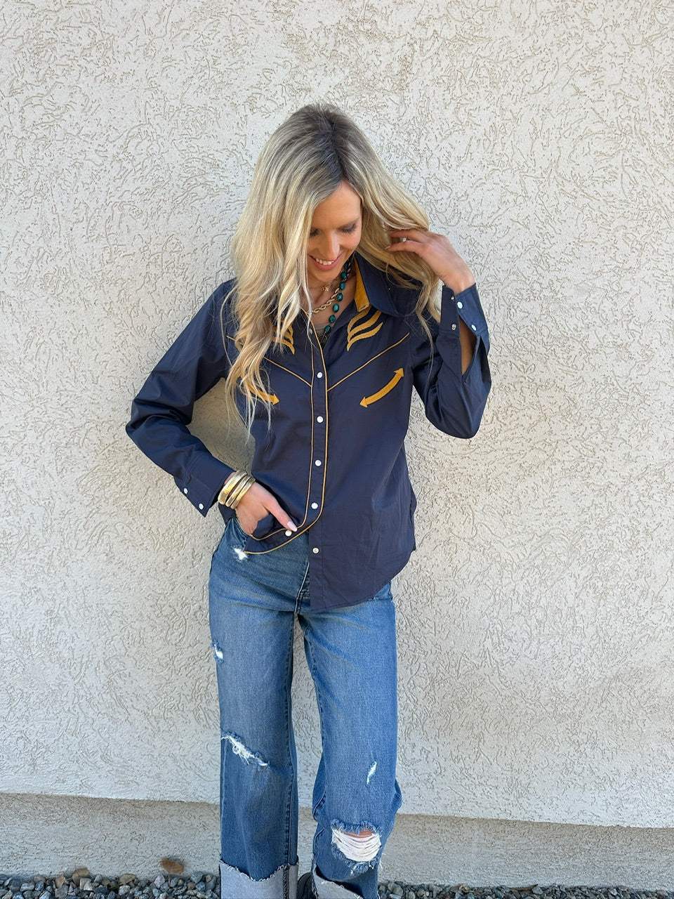 Prodigal Blues Pearl Snap Blouse - Lil Bee's Bohemian - Flyclothing LLC