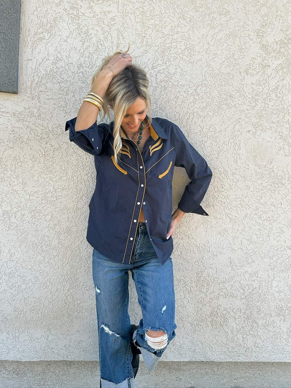 Prodigal Blues Pearl Snap Blouse - Lil Bee's Bohemian - Flyclothing LLC
