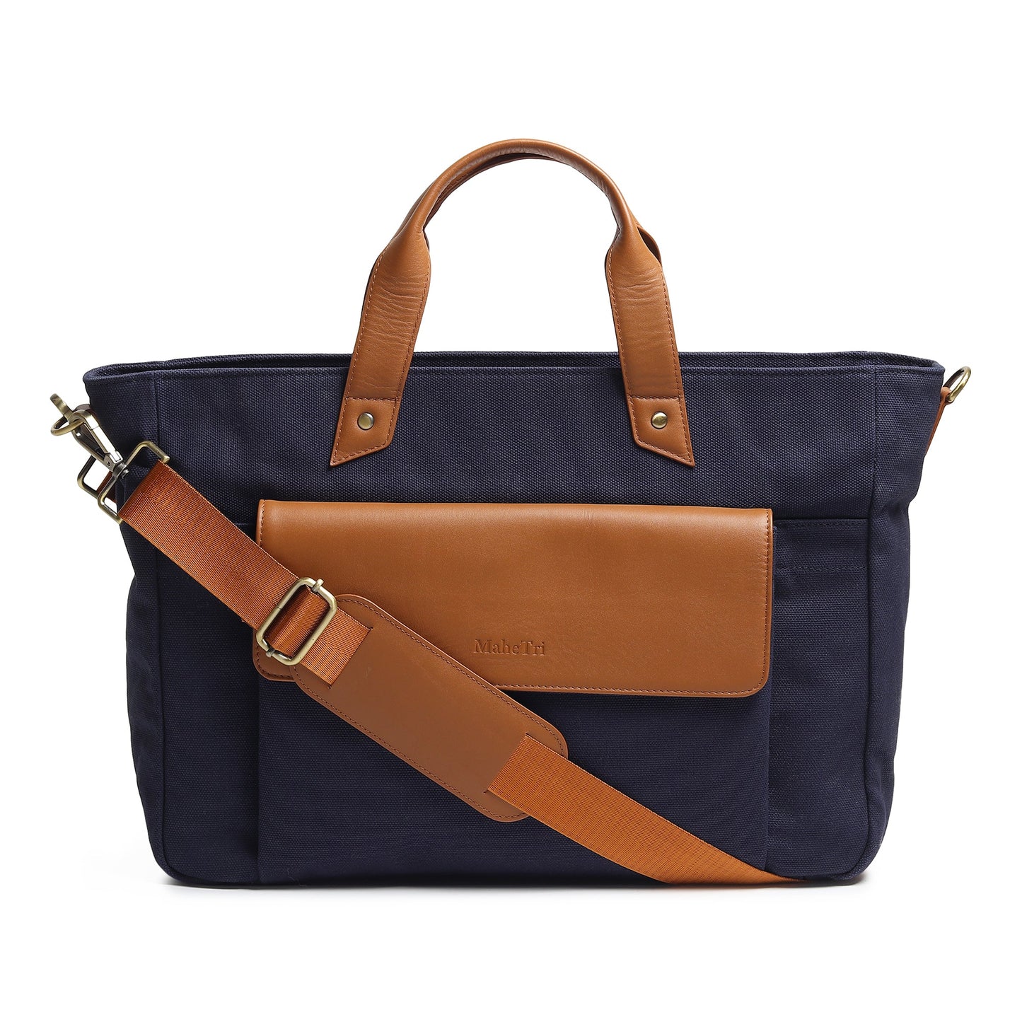 Voyager Canvas Leather Briefcase, Dark Blue - Classy Leather Bags - Flyclothing LLC