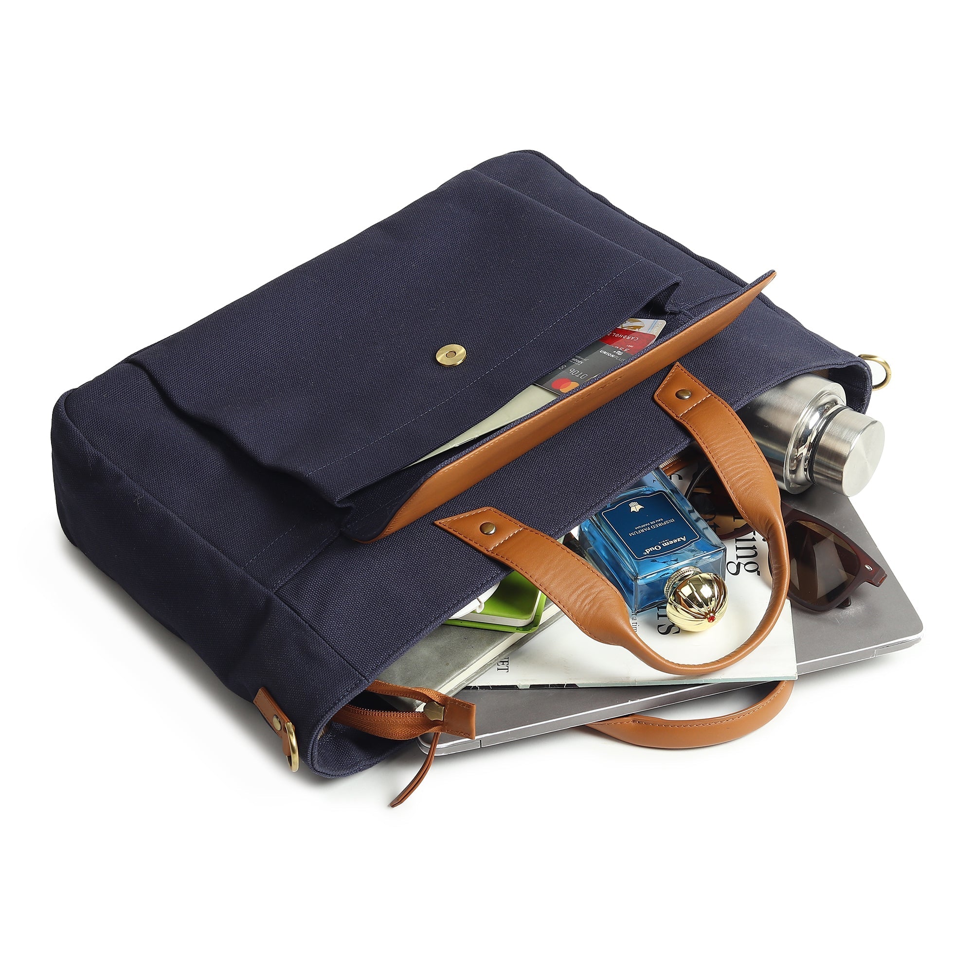 Voyager Canvas Leather Briefcase, Dark Blue - Classy Leather Bags - Flyclothing LLC