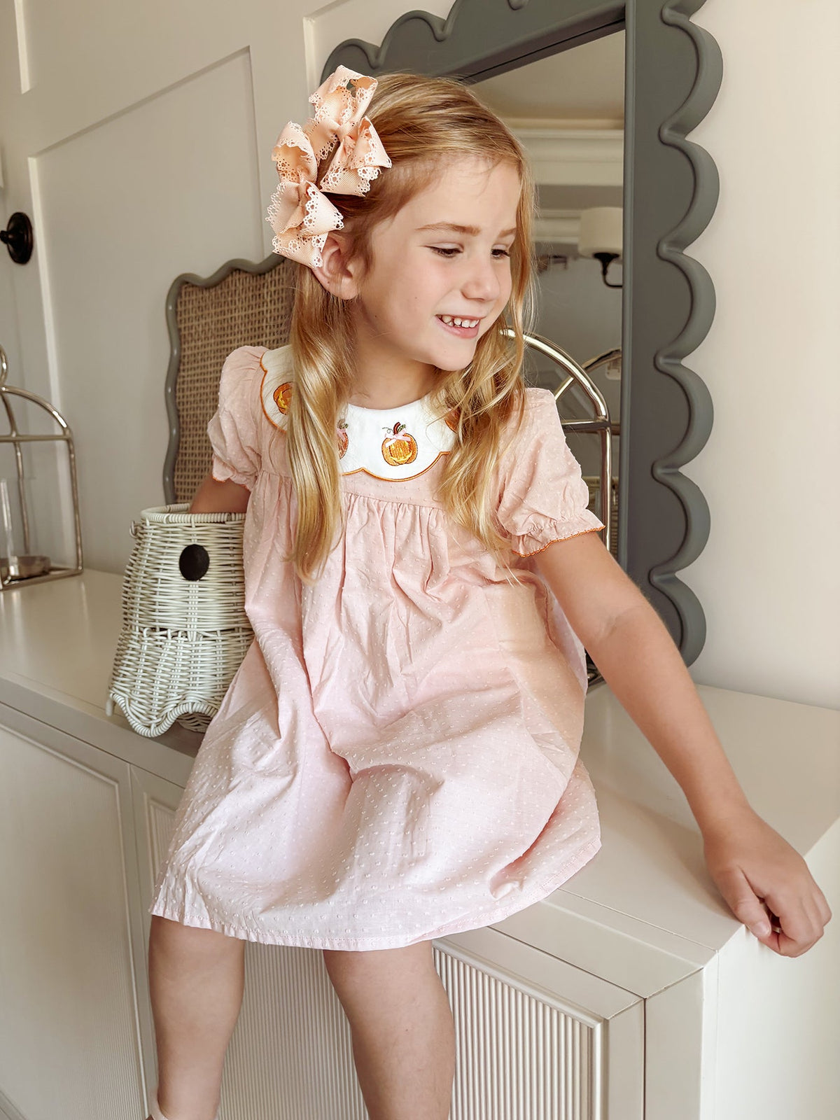 Halloween Pumpkin Applique Girls Puff Sleeve Dress