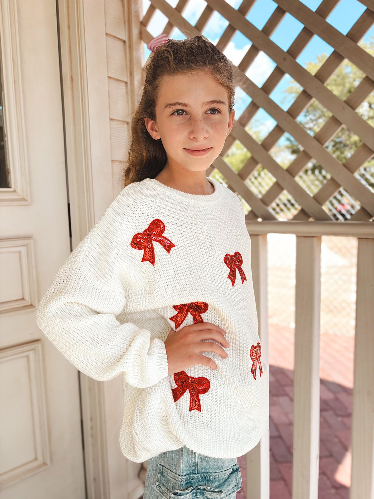 Mommy & Me Winter Girls Bow Sequins Pullover Sweater