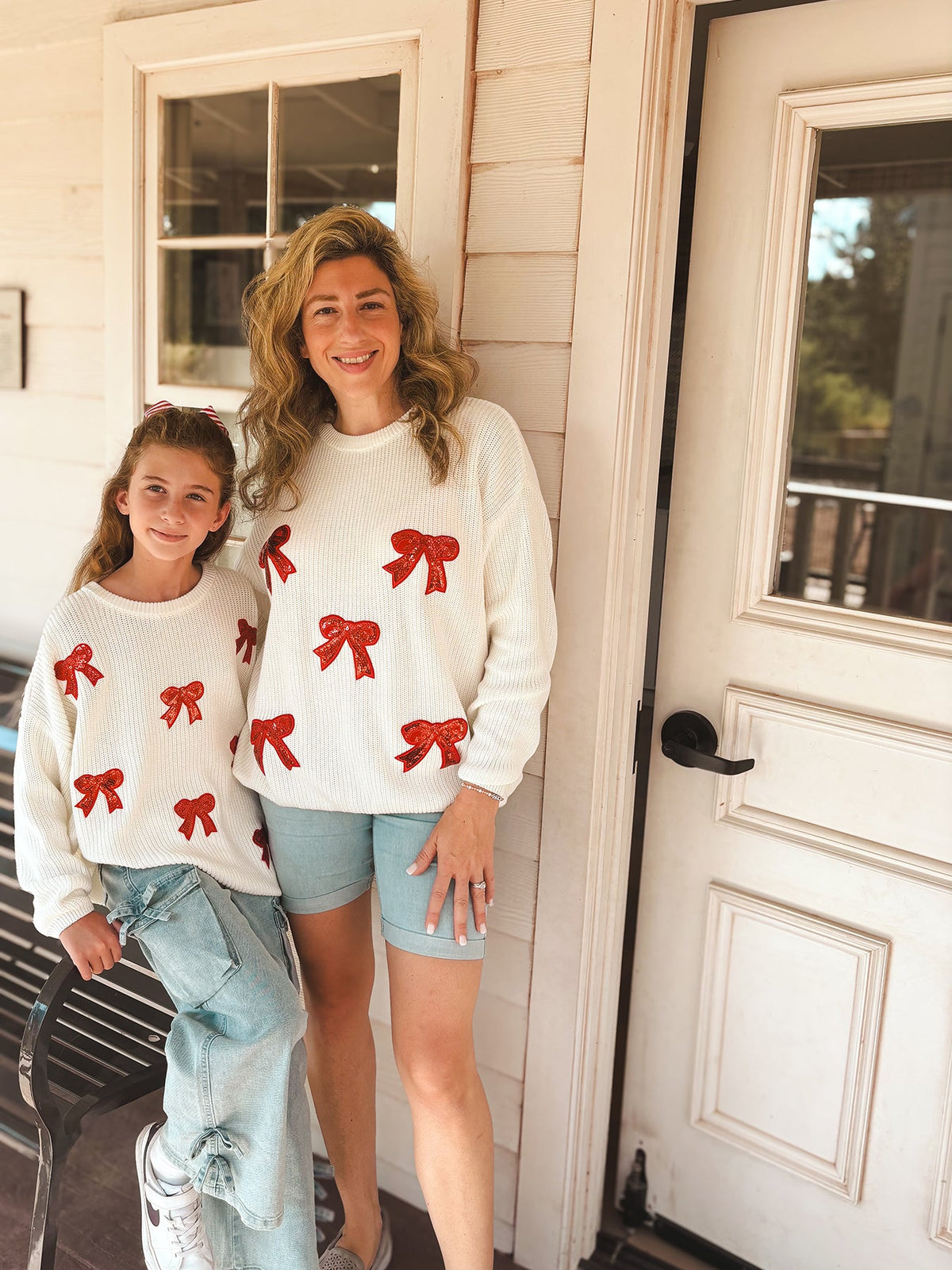 Mommy & Me Winter Girls Bow Sequins Pullover Sweater