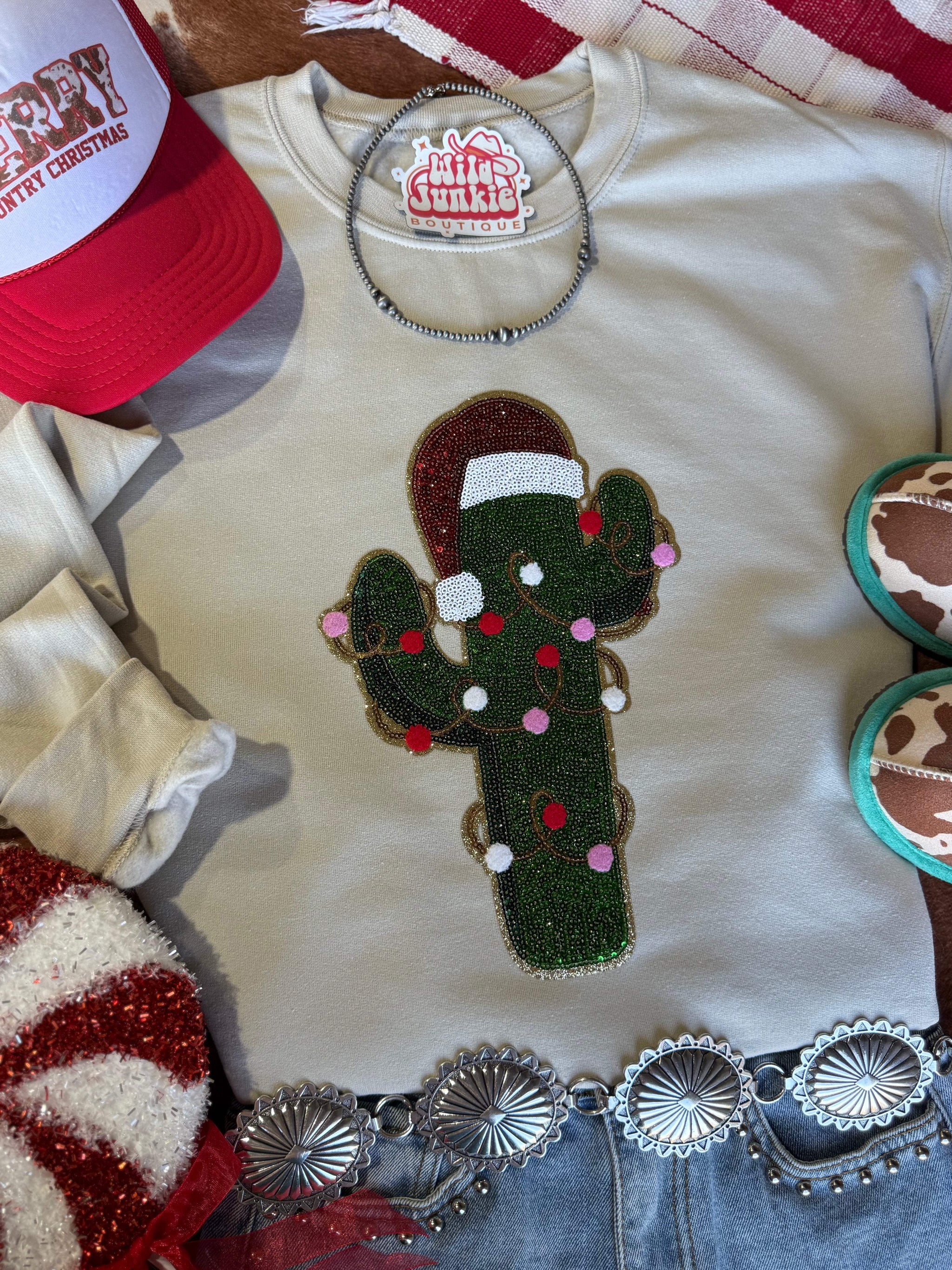 Christmas Cactus Sequins Patch Sweatshirt - Wild Junkie - Flyclothing LLC