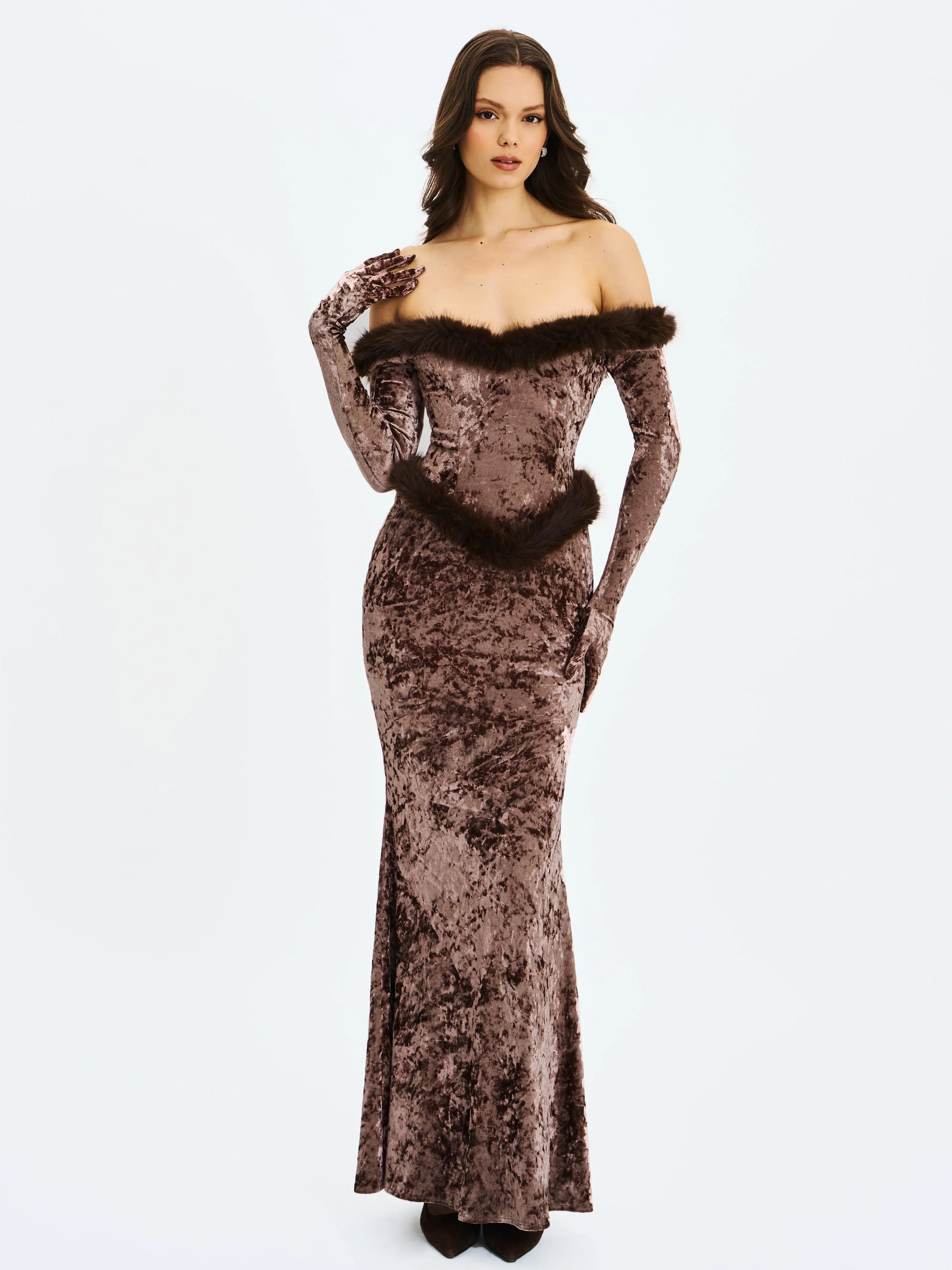 Tessa Coffee Sweetheart Bardot Faux Fur Velvet Mermaid Maxi Dress - Miss Circle - Flyclothing LLC