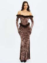 Tessa Coffee Sweetheart Bardot Faux Fur Velvet Mermaid Maxi Dress - Miss Circle - Flyclothing LLC