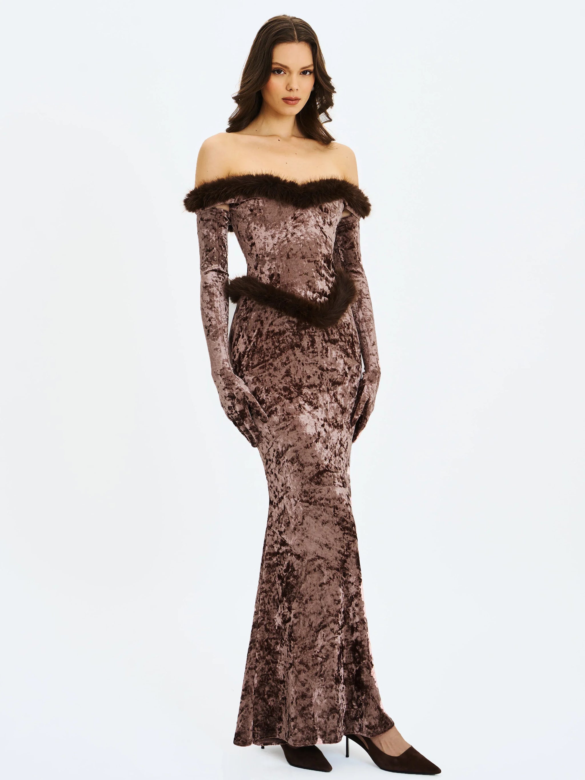Tessa Coffee Sweetheart Bardot Faux Fur Velvet Mermaid Maxi Dress - Miss Circle - Flyclothing LLC