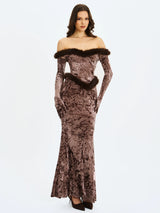 Tessa Coffee Sweetheart Bardot Faux Fur Velvet Mermaid Maxi Dress - Miss Circle - Flyclothing LLC