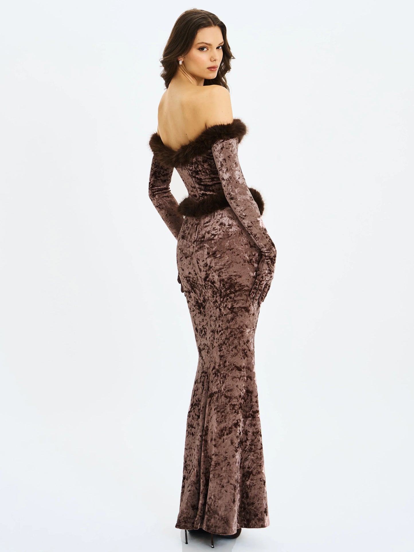 Tessa Coffee Sweetheart Bardot Faux Fur Velvet Mermaid Maxi Dress - Miss Circle - Flyclothing LLC