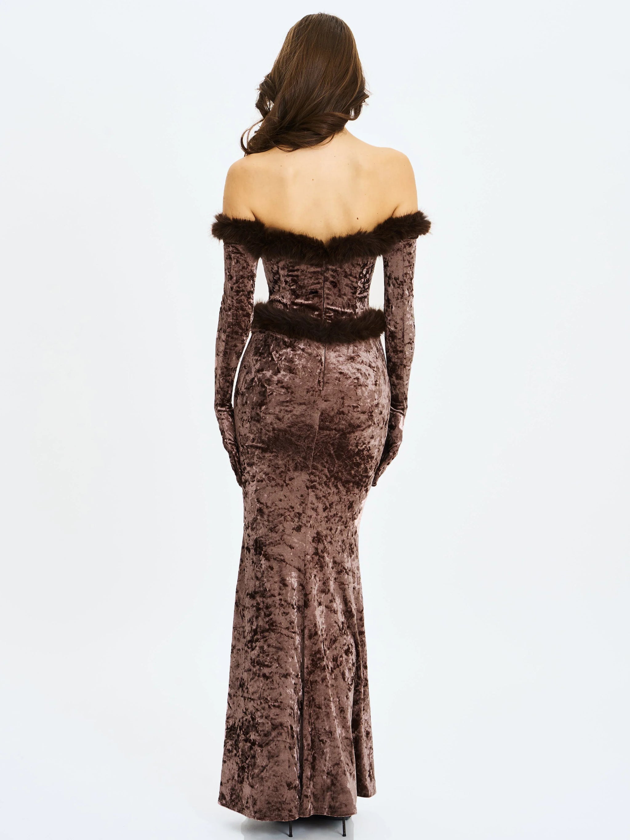 Tessa Coffee Sweetheart Bardot Faux Fur Velvet Mermaid Maxi Dress - Miss Circle - Flyclothing LLC